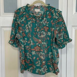 MELLODAY Jade Green and Earthy Flutter Sleeve‎ Blouse Size XL